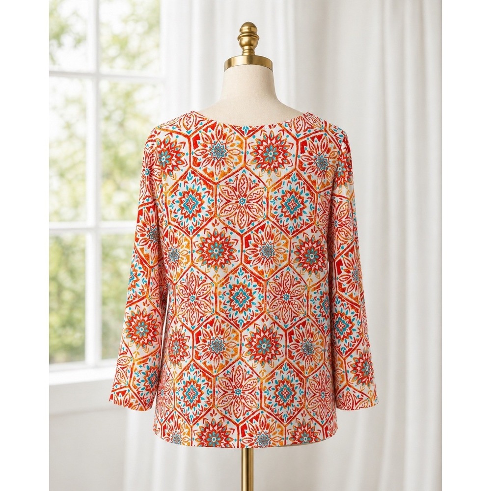 Belle By Kim Gravel TripleLuxe Knit Signature Zip Printed Top Pima Orange Large - Picture 2 of 11